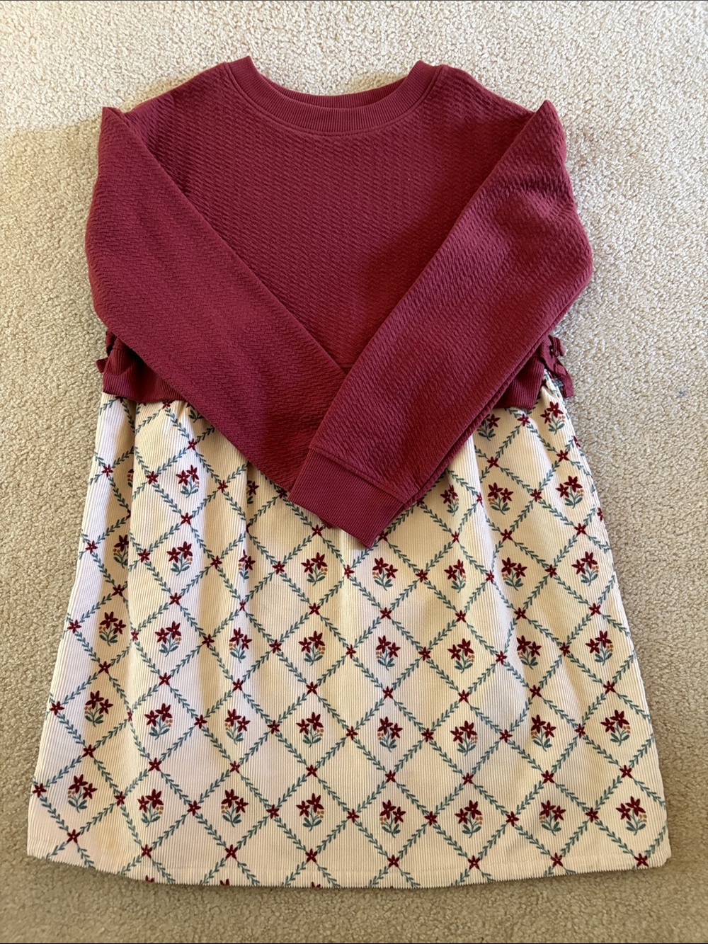 Girls' Wine Knit Top Dress with Cream Floral Diamond Skirt